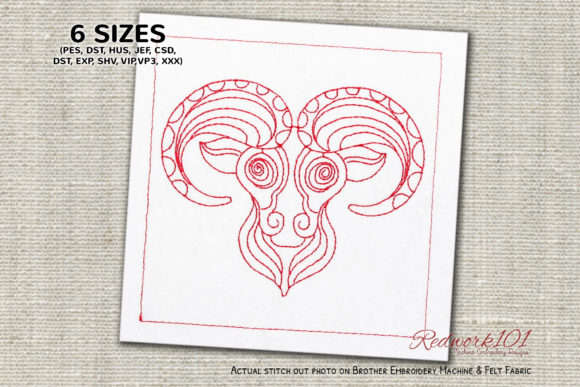 Animal Face Aries Zodiac Redwork Embroidery
