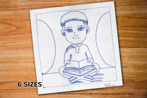Muslim Boy Reading Holy Quran Redwork: Embroidery Review